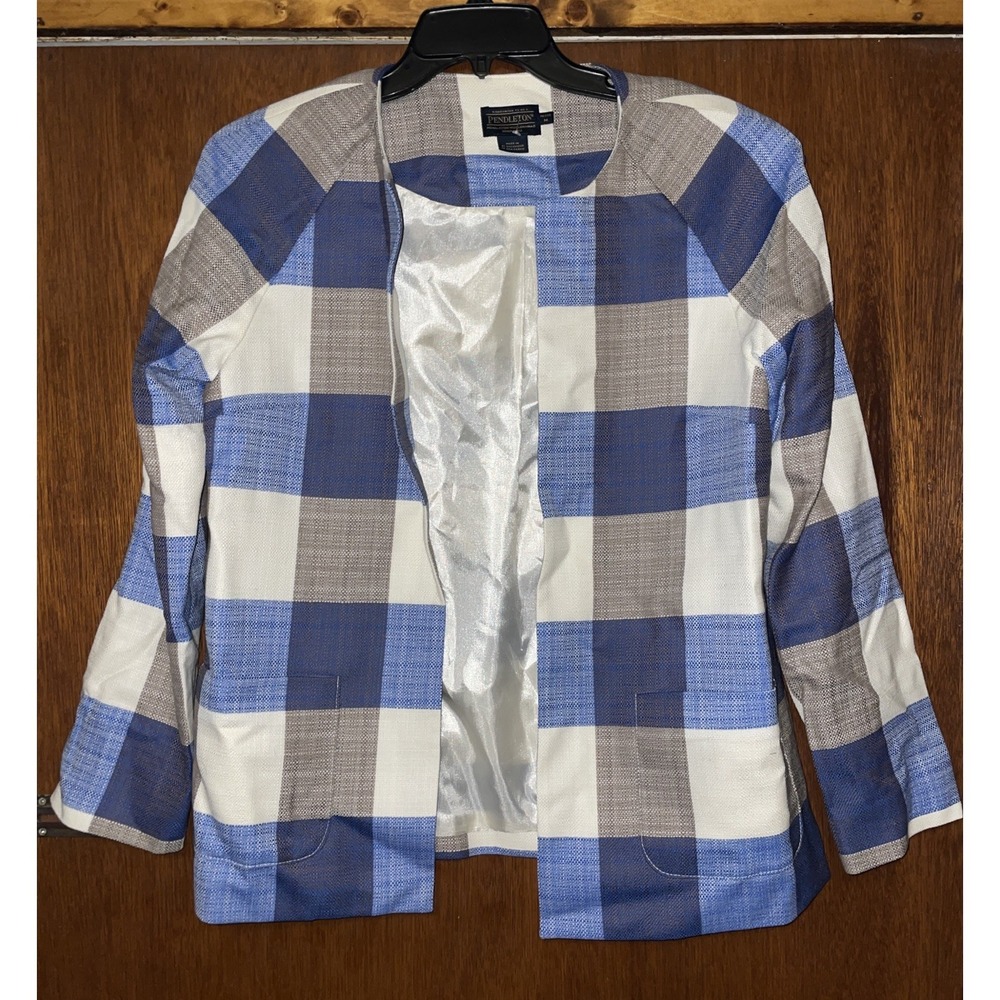 Vintage Pendleton Women's Wool Blazer Lined  Medium Petite Blue Brown Ivory